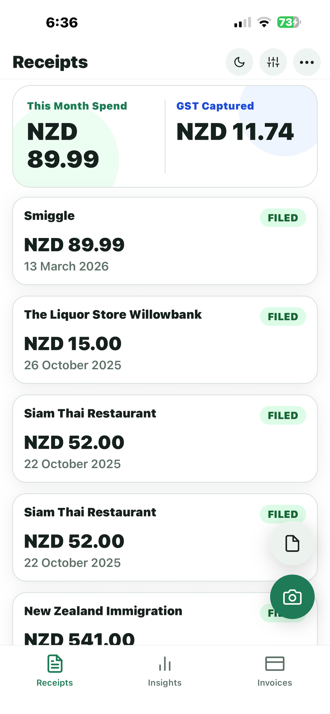 Ledg3 receipts screen showing monthly spend, GST captured, and filed receipt cards.